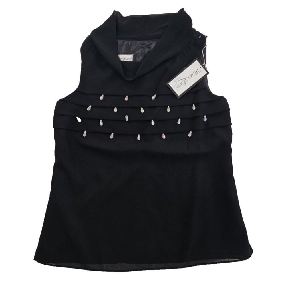 Misty Lane Evening Top Women's Size 12 NWT Teardrop Rhinestones Black Sleeveless